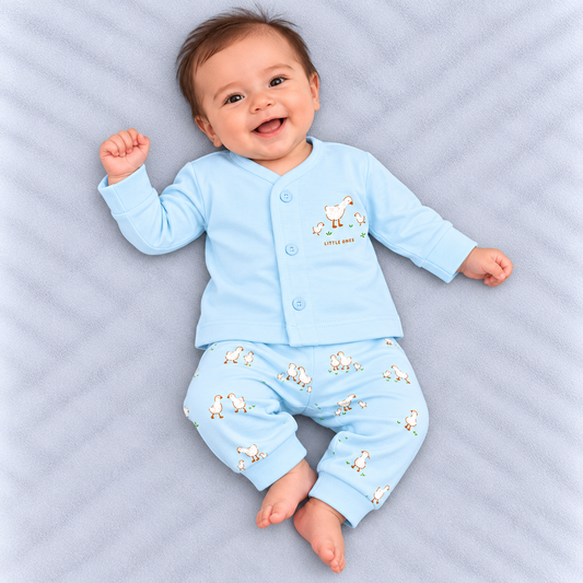 Zero baby blue co-ord set with a full-sleeve button-front top featuring a cute duck and duckling print and matching all-over duck-print pants