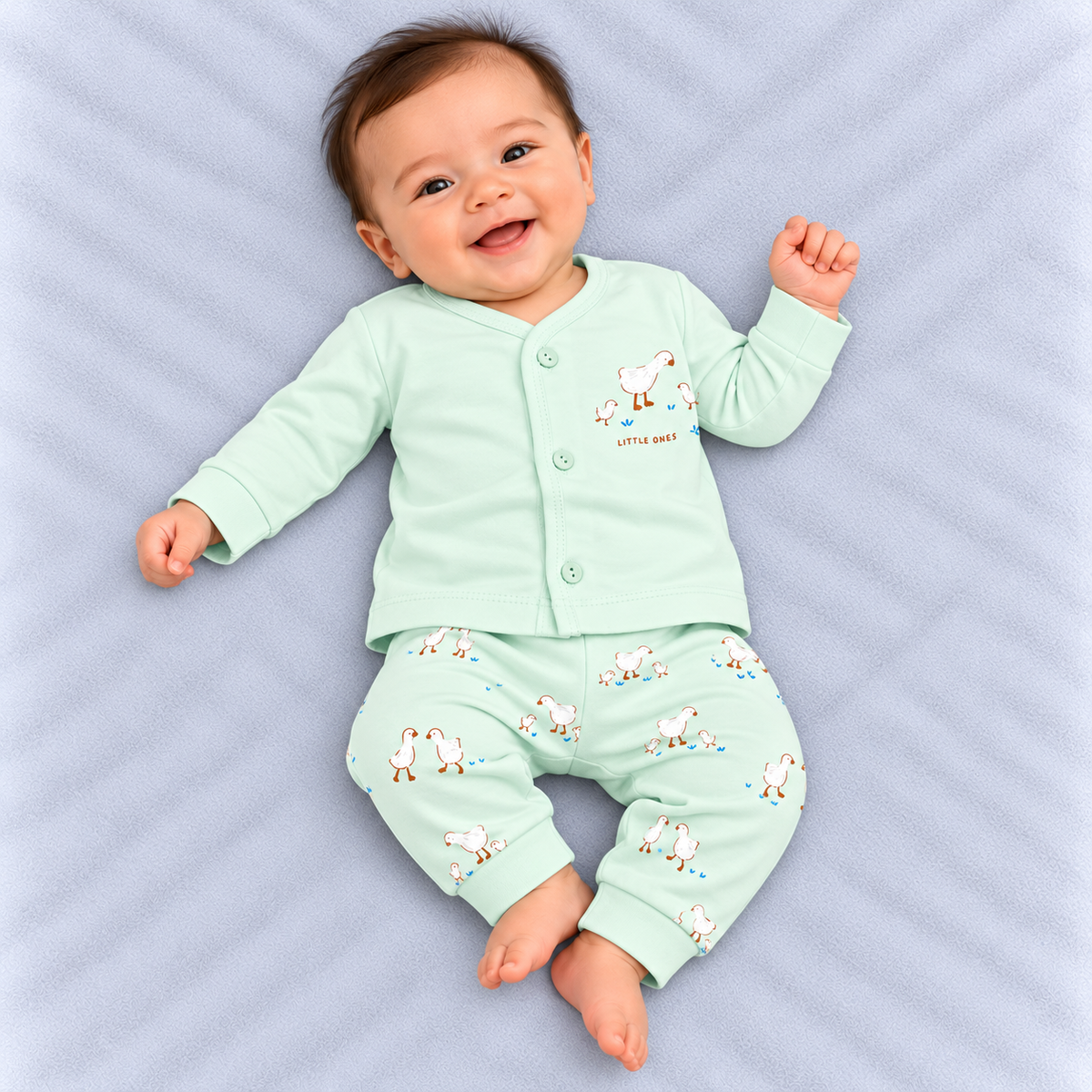 Zero baby mint green co-ord set featuring a full-sleeve button-front top with a cute duck and duckling chest print and matching all-over duck-print pants