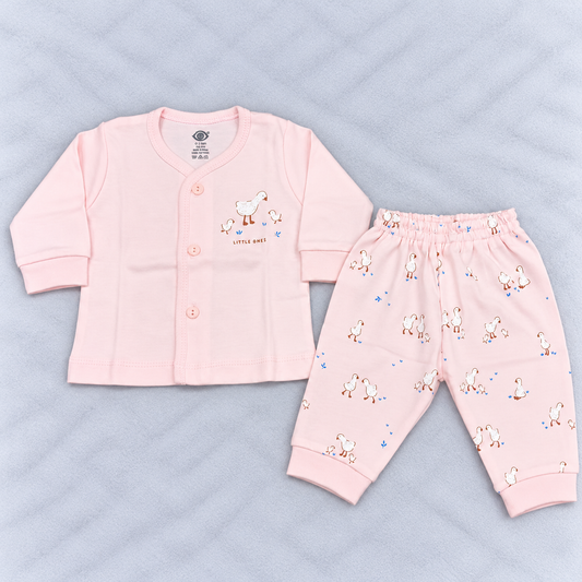 Zero Baby Girls Pink Duck Print Co-Ord Set with Button-Front Top and Matching Pants