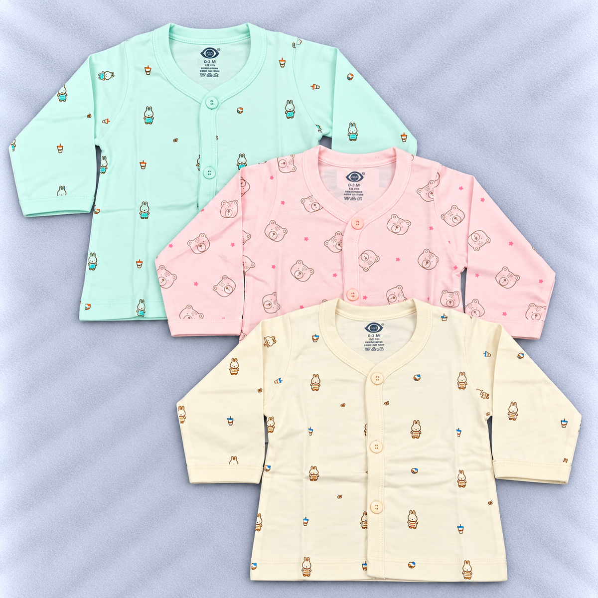 Zero newborn baby cotton tops set of 3 in mint green, pink and cream with cute animal prints and front button closure