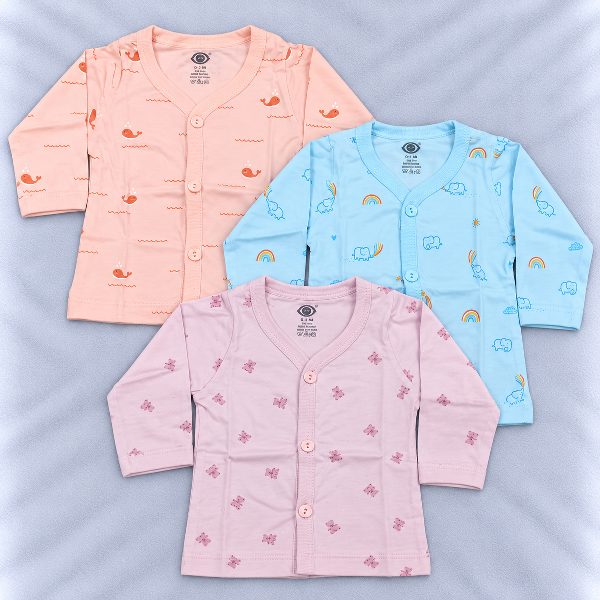 Zero newborn baby cotton tops set of 3 in peach, blue and pink with cute animal prints and front button closure