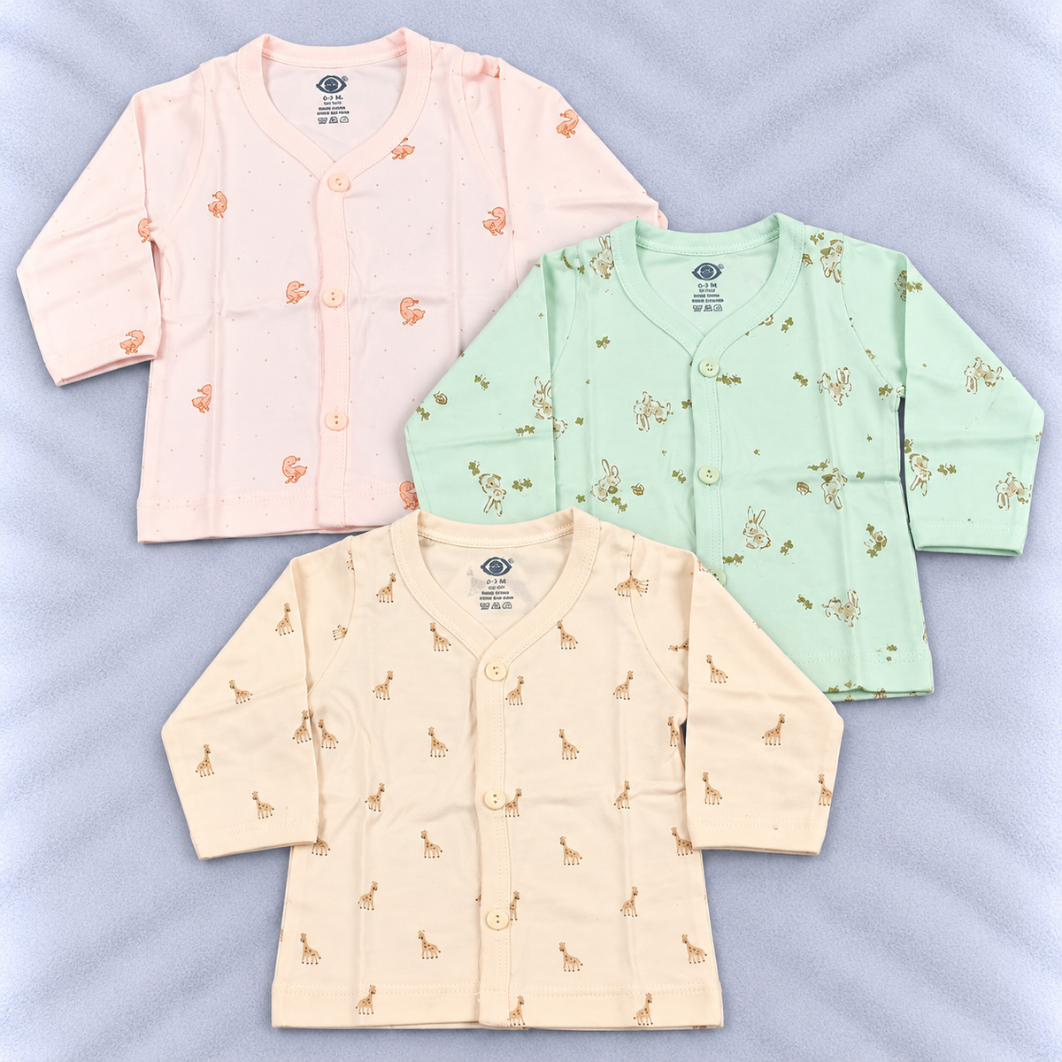 Zero newborn baby tops set of 3 in pink, mint green and cream with cute animal prints and front button closure