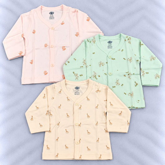 Zero newborn baby tops set of 3 in pink, mint green and cream with cute animal prints and front button closure