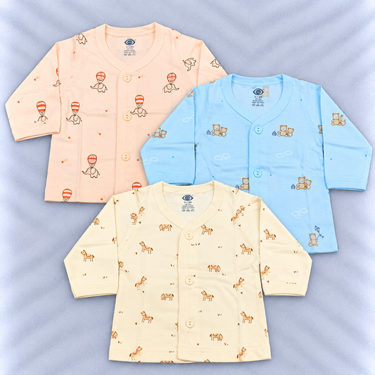Zero newborn baby cotton tops set of 3 in peach, blue and cream with cute animal prints and front button closure