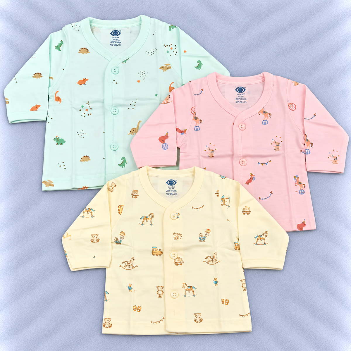 Zero newborn baby tops set of 3 in mint green, pink and pale yellow with cute dinosaur, circus and animal prints