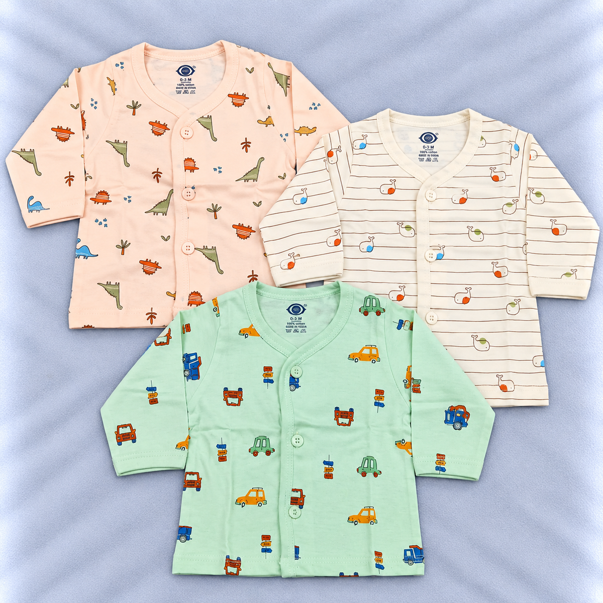 Zero unisex newborn baby tops set of 3 featuring peach dinosaur print, mint green vehicle print and cream striped animal print full-sleeve button-front tops.