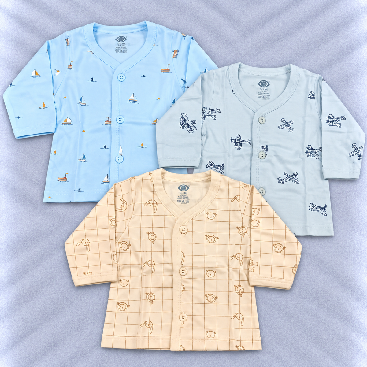 Zero newborn baby tops set of 3 featuring nautical sailboat, airplane and animal-face prints in blue, beige and cream