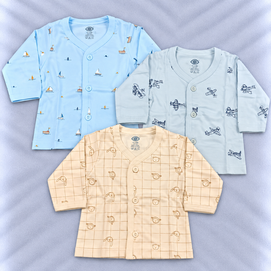 Zero newborn baby tops set of 3 featuring nautical sailboat, airplane and animal-face prints in blue, beige and cream