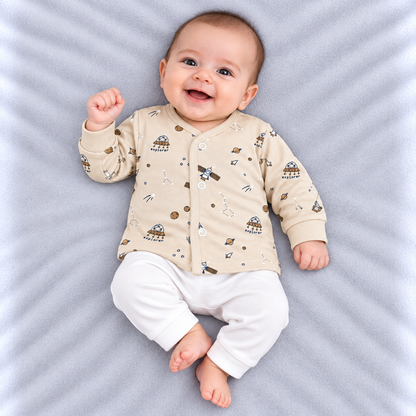 Zero baby cream space print fleece winter top with rockets, planets, UFOs and full sleeves