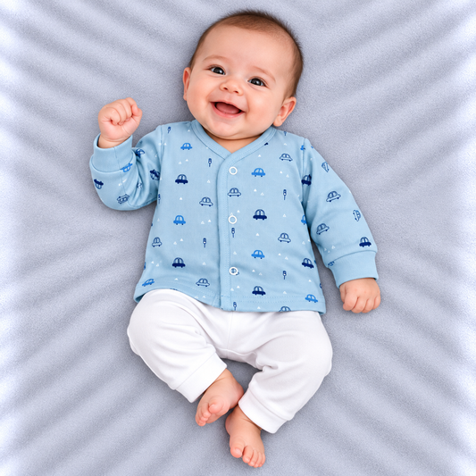 Zero baby boys blue fleece top with cute car print, full sleeves and front snap button closure for winter wear