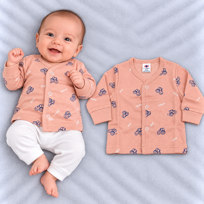 Zero baby pink tractor print fleece winter top with full sleeves, ribbed cuffs and front snap-button closure