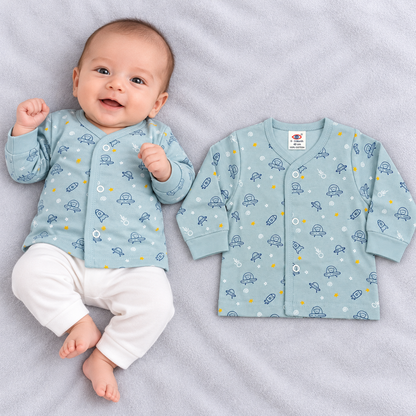 Zero newborn baby fleece top in pastel blue with cute UFO, rocket, planet and star prints, full sleeves and front snap button closure.