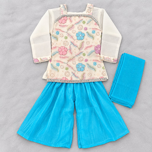 Girls Cream Floral Embroidered Kurti with Blue Palazzo & Dupatta Set