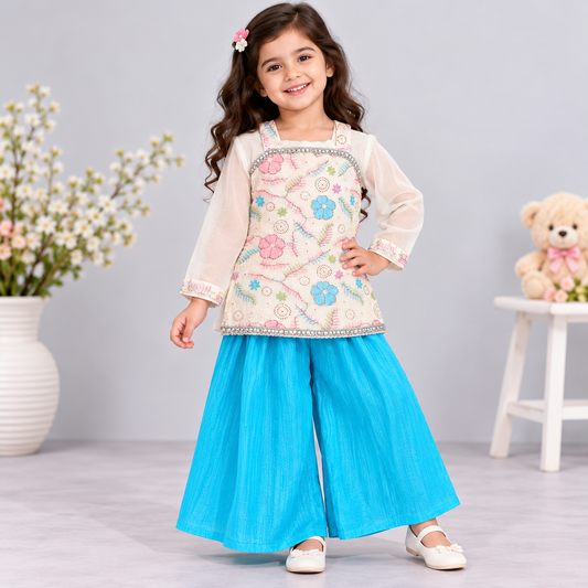 Cutypi girls cream floral embroidered ethnic kurti with turquoise blue palazzo pants and matching dupatta for festive and party wear