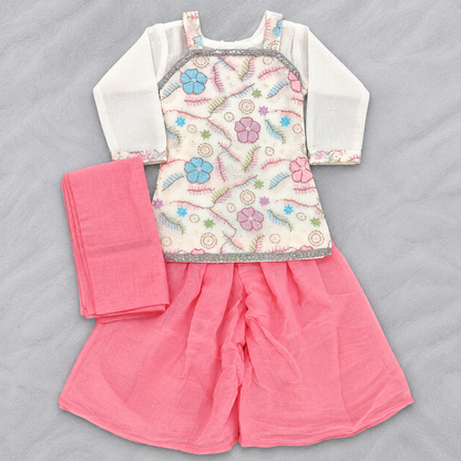 Girls Cream Floral Embroidered Ethnic Sharara Set with Pink Dupatta