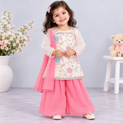 Cutypi girls cream floral embroidered ethnic kurti with pink sharara pants and matching dupatta for festive and party wear