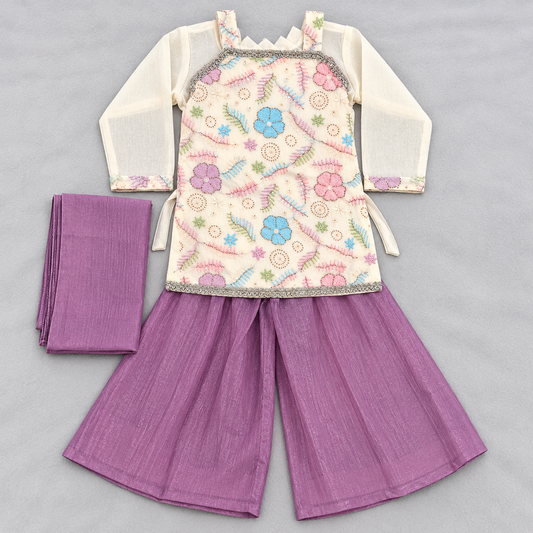 Girls Cream Floral Embroidered Sharara Suit with Purple Dupatta
