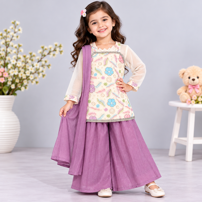 Cutypi girls cream floral embroidered ethnic kurti with purple sharara pants and matching dupatta for festive and party wear