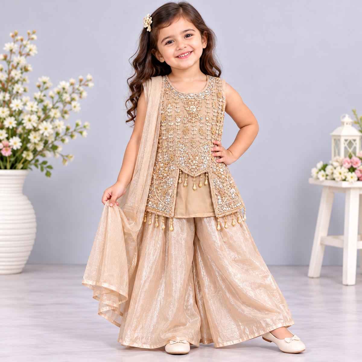 Cutypi girls champagne beige ethnic sharara suit with gold embroidery, sequin embellishments, sleeveless jacket-style top, flared pants and matching dupatta