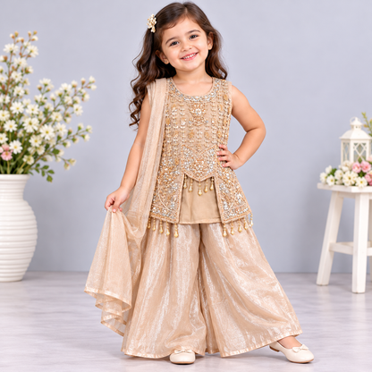 Cutypi girls champagne beige ethnic sharara suit with gold embroidery, sequin embellishments, sleeveless jacket-style top, flared pants and matching dupatta