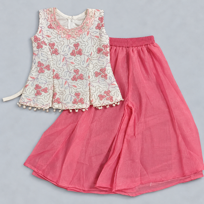 Girls Ivory Pink Floral Embroidered Sharara Set with Pink Palazzo