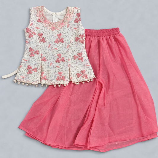 Girls Ivory Pink Floral Embroidered Sharara Set with Pink Palazzo