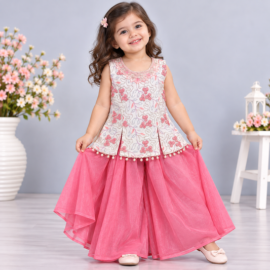 Cutypi girls ivory sleeveless top with pink floral embroidery, silver sequin detailing, pearl hem accents and bright pink flared sharara pants