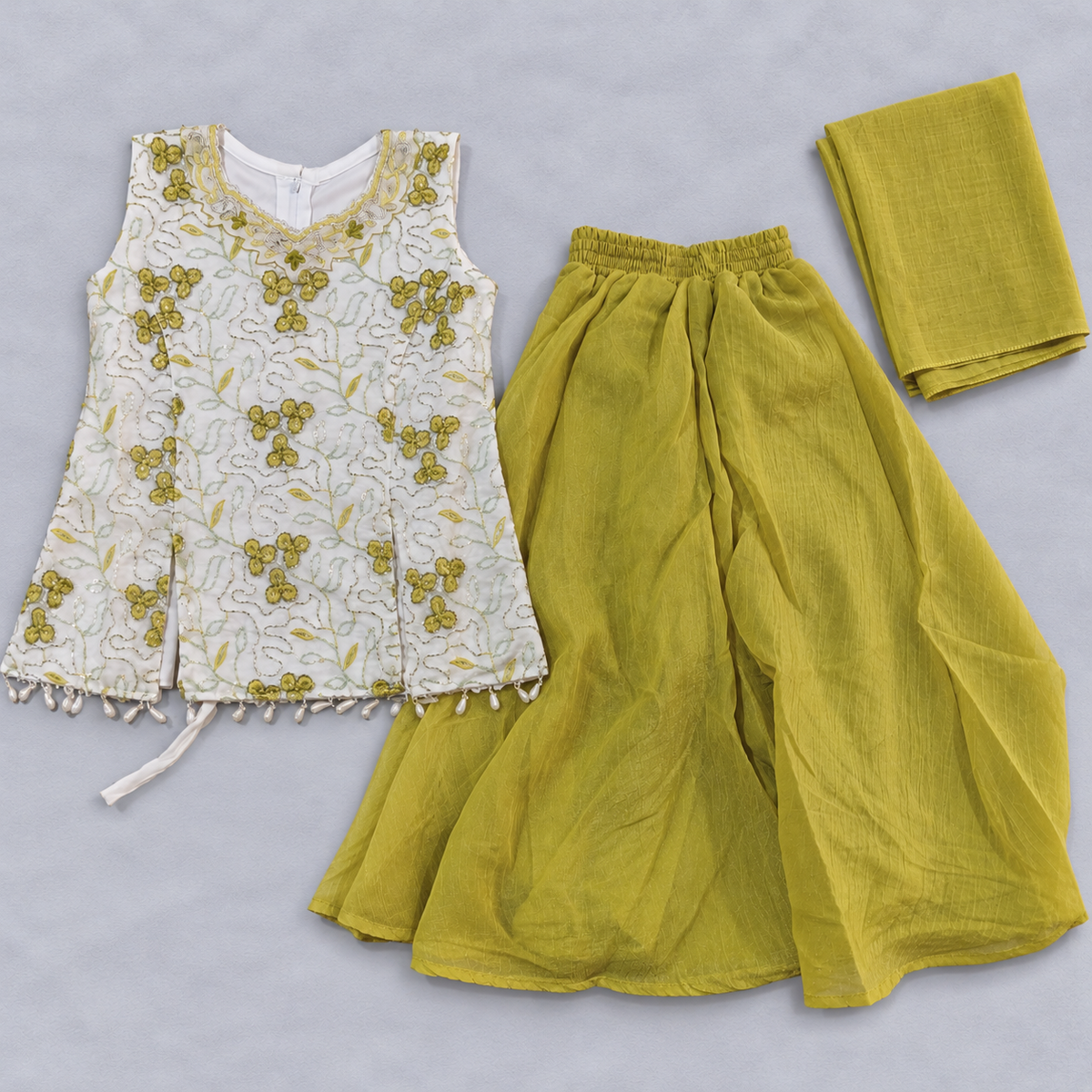 Girls Ivory Floral Embroidered Ethnic Sharara Set with Mustard Yellow Dupatta