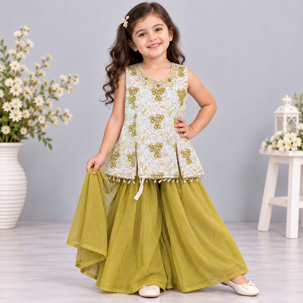 Cutypi girls ivory sleeveless ethnic kurti with gold floral embroidery, mustard yellow sharara pants and matching dupatta for festive wear