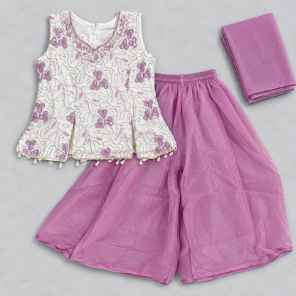Girls Ivory Floral Embroidered Sharara Set with Purple Palazzo