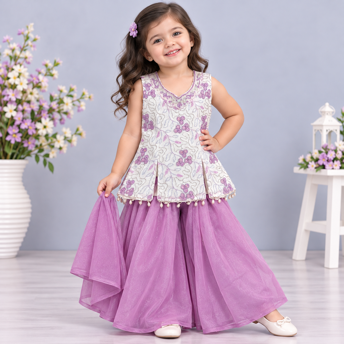 Cutypi girls ivory sleeveless ethnic top with purple floral embroidery, silver sequin detailing, pearl hem accents and matching purple flared sharara pants