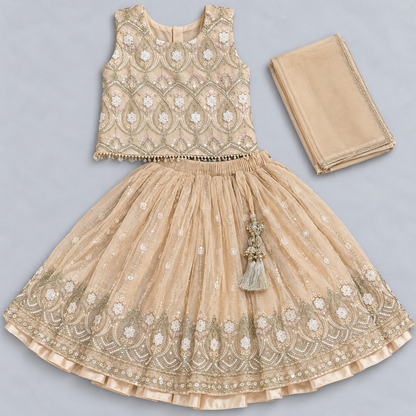 Girls Gold Embroidered Lehenga Choli with Dupatta