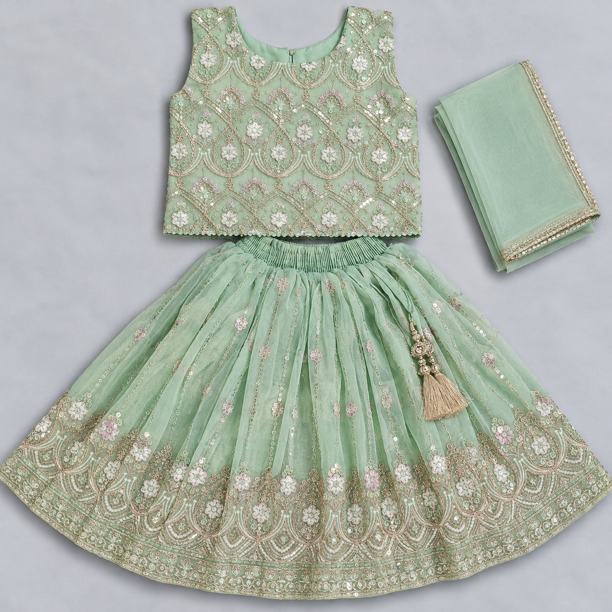 Girls Mint Green Embroidered Lehenga Choli with Matching Dupatta