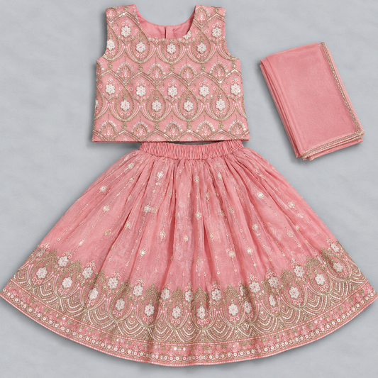 Girls Pink Embroidered Lehenga Choli with Matching Dupatta