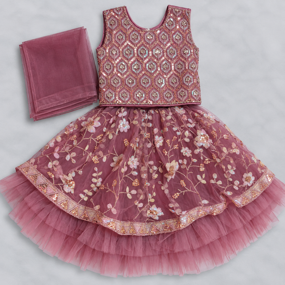 Girls Dusty Rose Embroidered Lehenga Choli with Floral Sequin Work