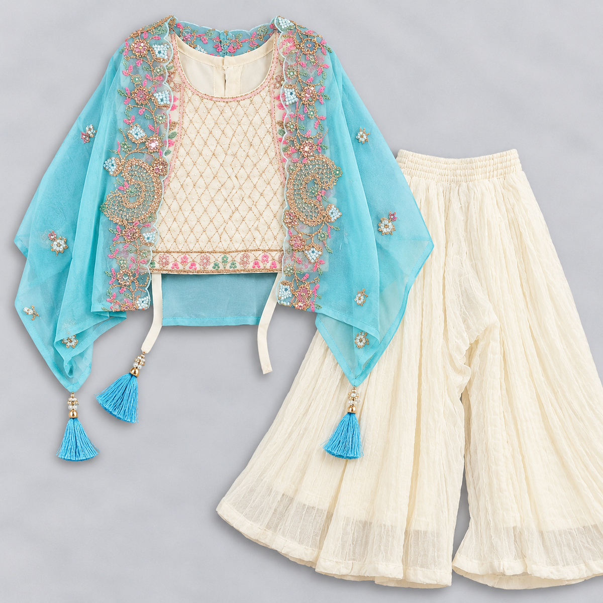 Girls Aqua Blue and Ivory Embroidered Palazzo Set with Cape