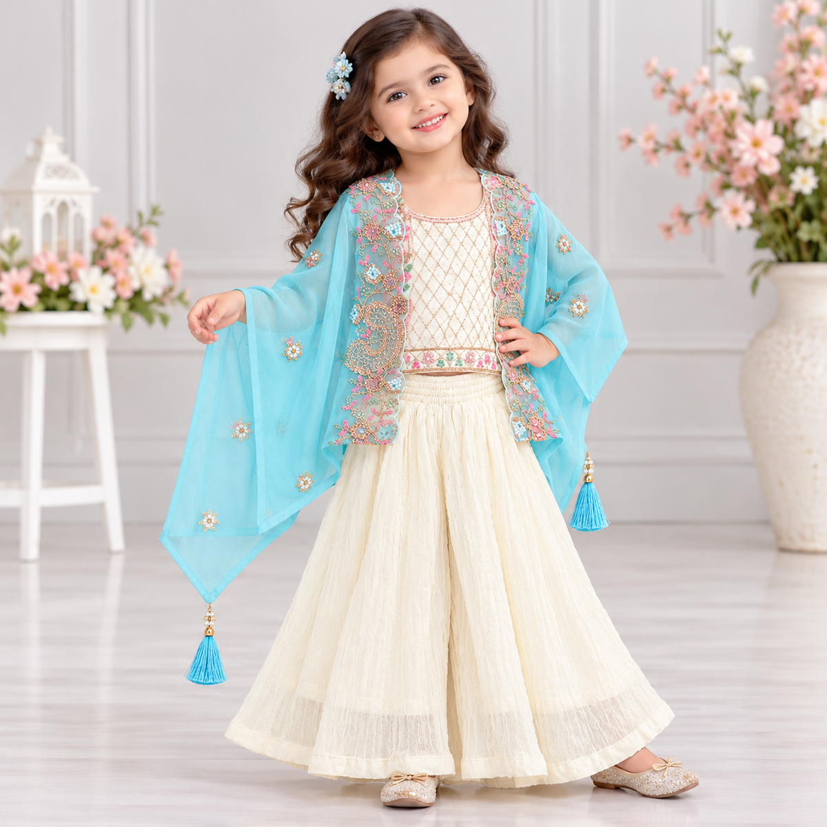 Girls Aqua Blue and Ivory Embroidered Palazzo Set with Cape