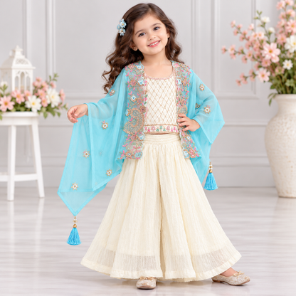 Girls Aqua Blue and Ivory Embroidered Palazzo Set with Cape