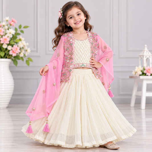 Cutypi girls pink and ivory ethnic lehenga choli with embellished sleeveless blouse, sheer pink embroidered cape, floral beadwork, tassel details and flared ivory skirt