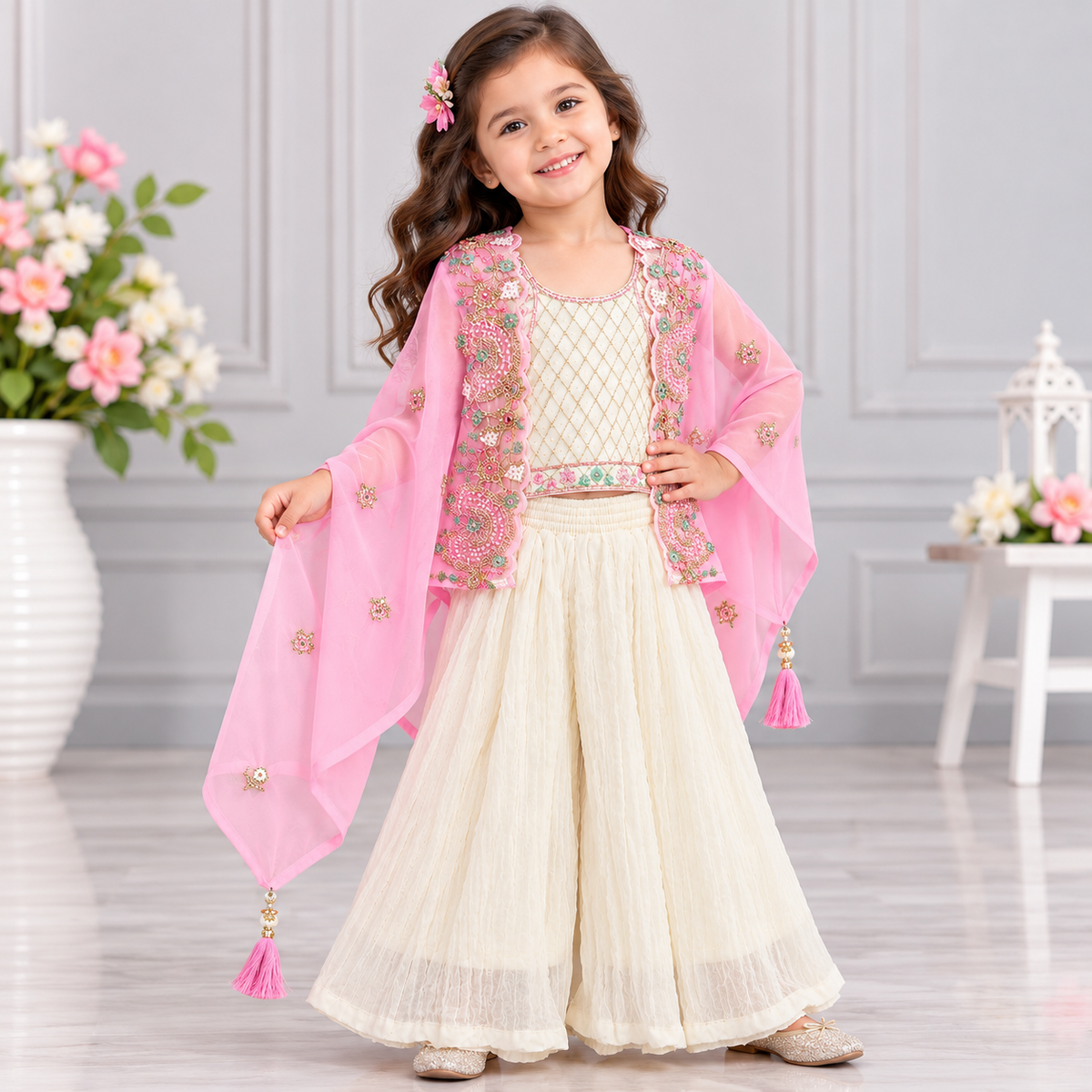 Girls Pink Embroidered Top with Ivory Palazzo Pants and Sheer Cape