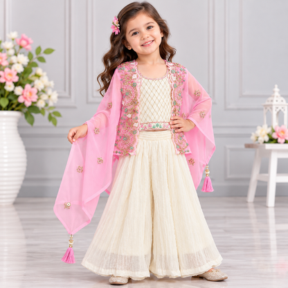 Girls Pink Embroidered Top with Ivory Palazzo Pants and Sheer Cape