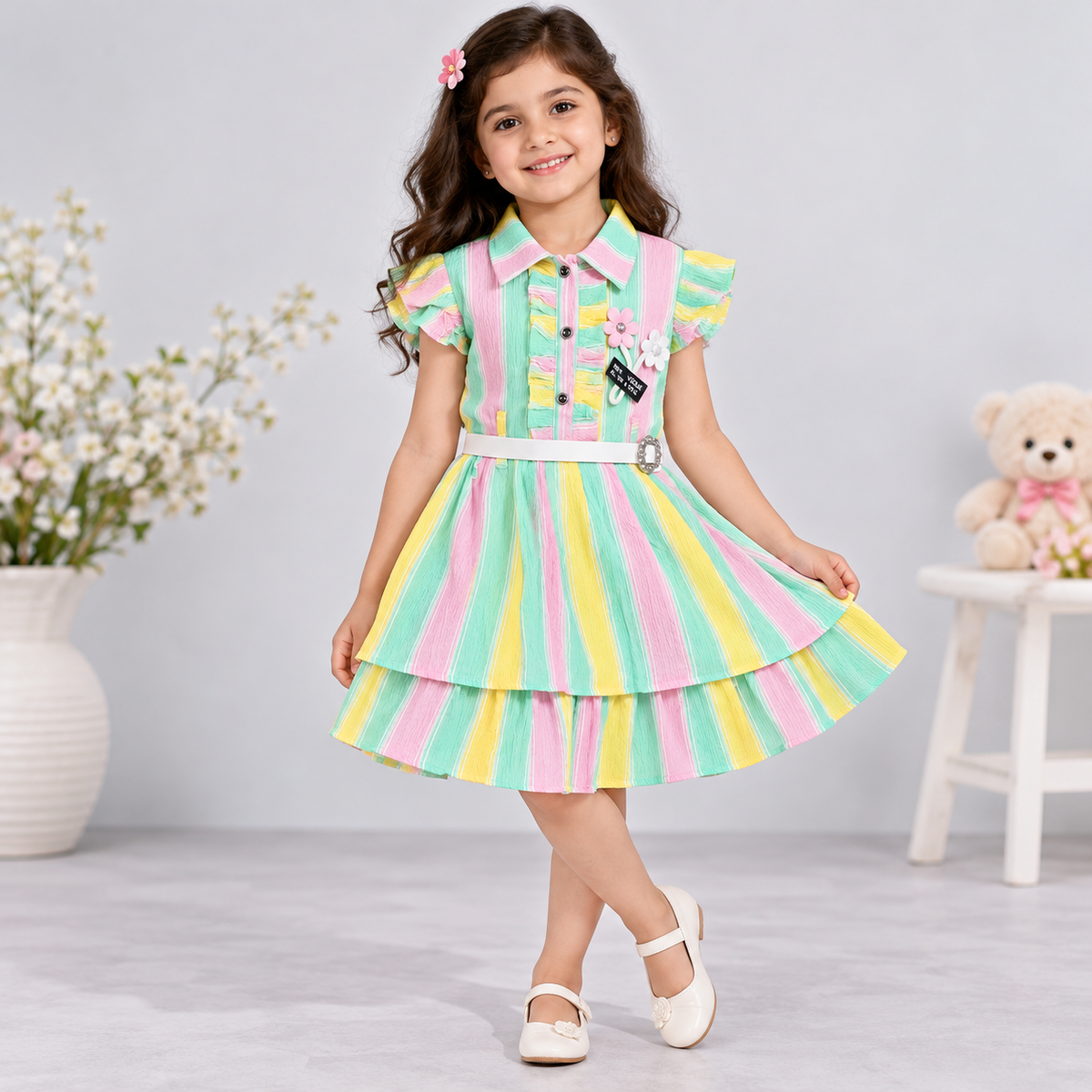 Cutypi girls pastel mint green pink and yellow striped frock dress with floral appliqués, white belt and layered frill skirt