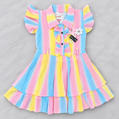 Cutypi Girls Pink Blue Yellow Striped Party Wear Frock with Floral Details