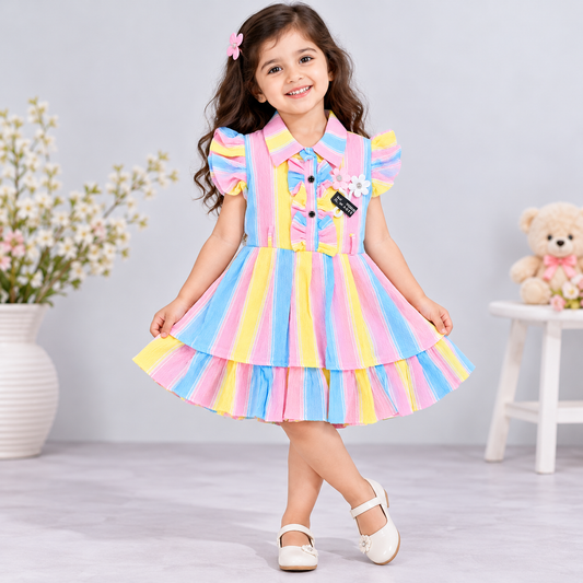 Cutypi girls pastel pink blue and yellow striped party wear frock with collared neckline, floral appliqués, puff sleeves and layered frill skirt