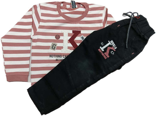 Boys Full sleeves Stripped T-Shirt with Full Pant - White