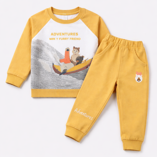 Cutypi Yellow Adventures Print Kids Co-Ord Set – Full Sleeve Cotton Sweatshirt & Jogger Pants  - Cutypi