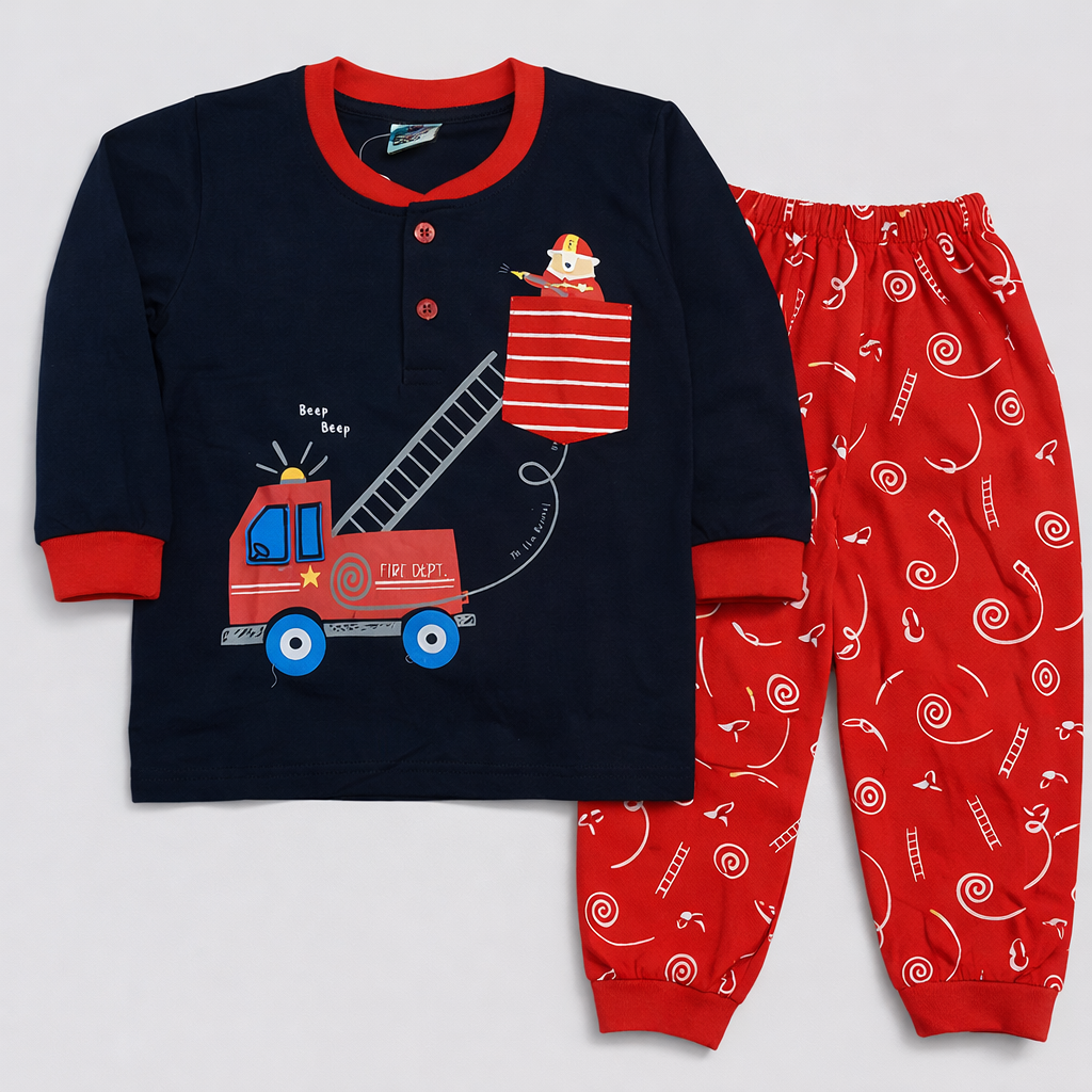 Cutypi Fire Truck Kids Co-Ord Set – Firefighter Print Cotton T-Shirt & Joggers  - Cutypi