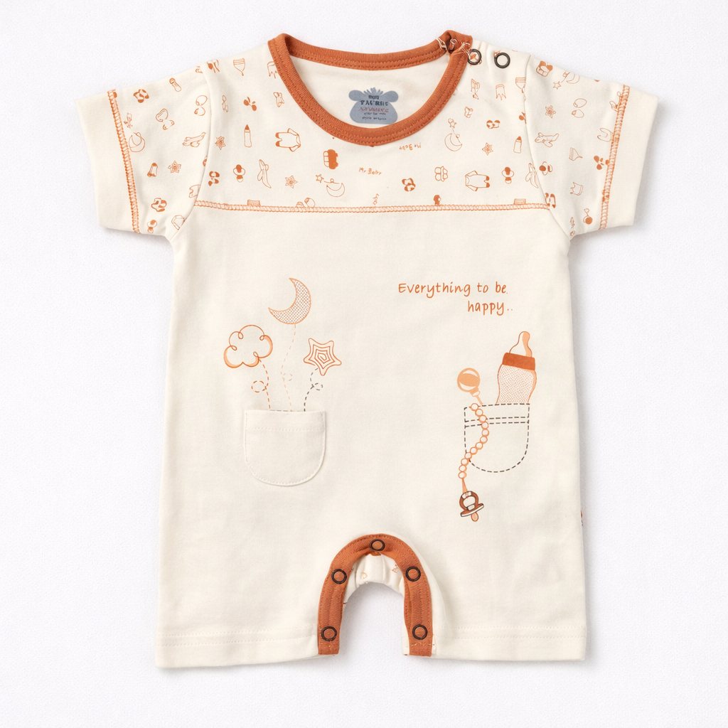Cream Baby Romper with Cute Print – Half Sleeve Cotton Infant Jumpsuit