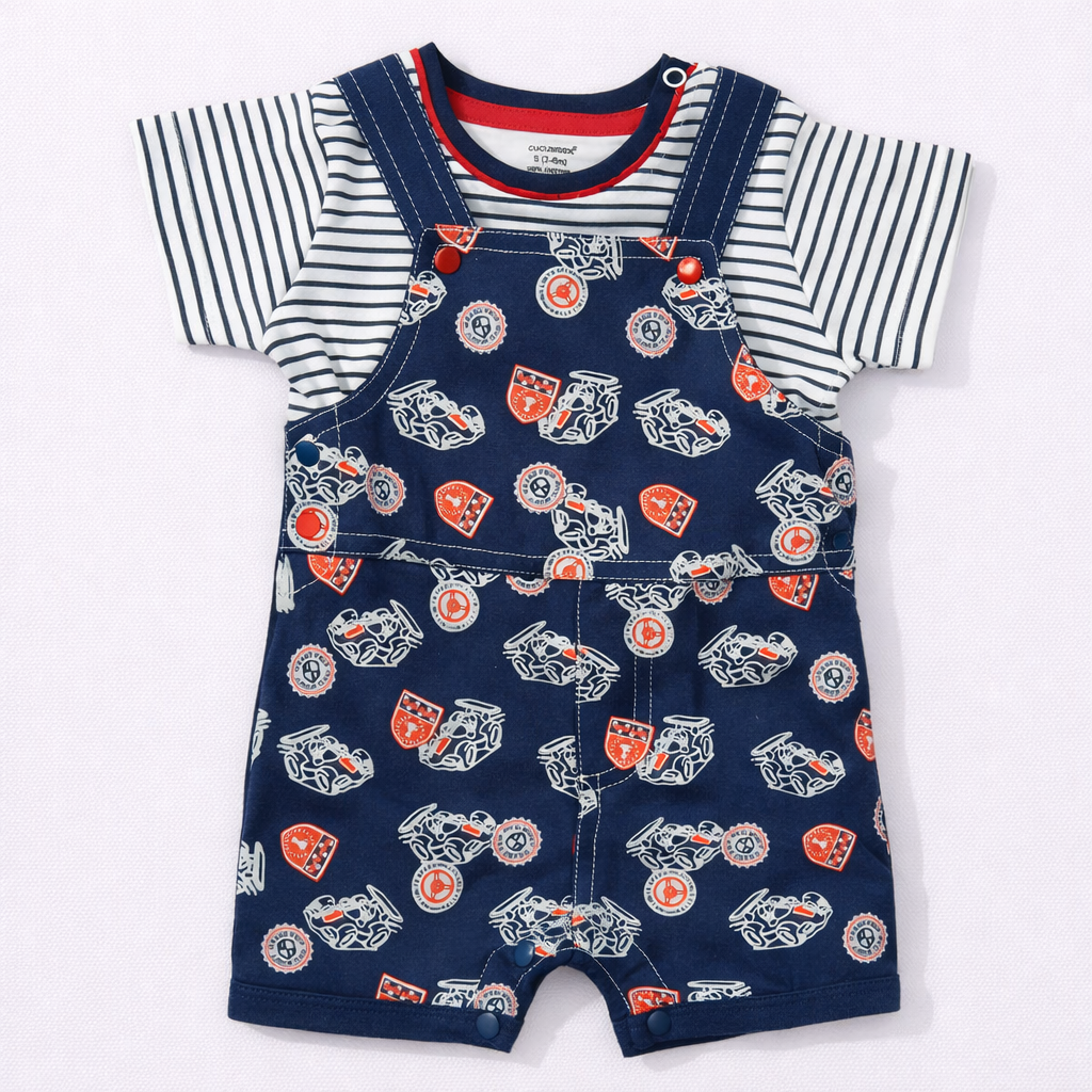 Fire Truck Print Baby Dungaree Set – Navy Romper with Striped T-Shirt