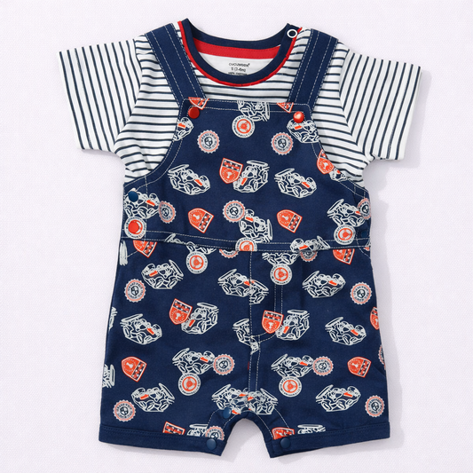 Fire Truck Print Baby Dungaree Set – Navy Romper with Striped T-Shirt